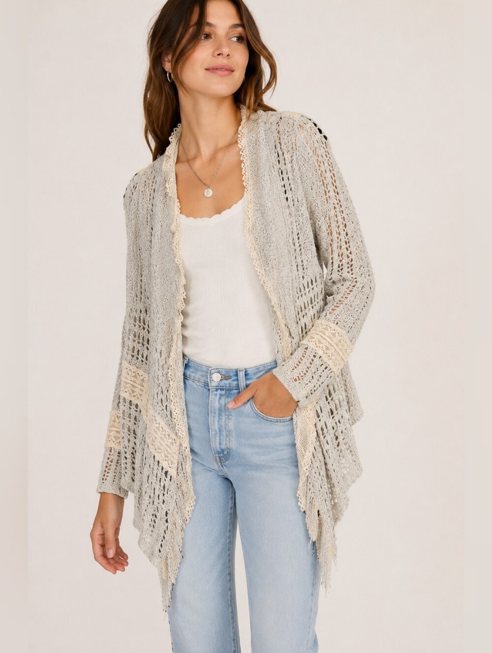 Open-Knit Draped Cardigan in Light Gray and Cream